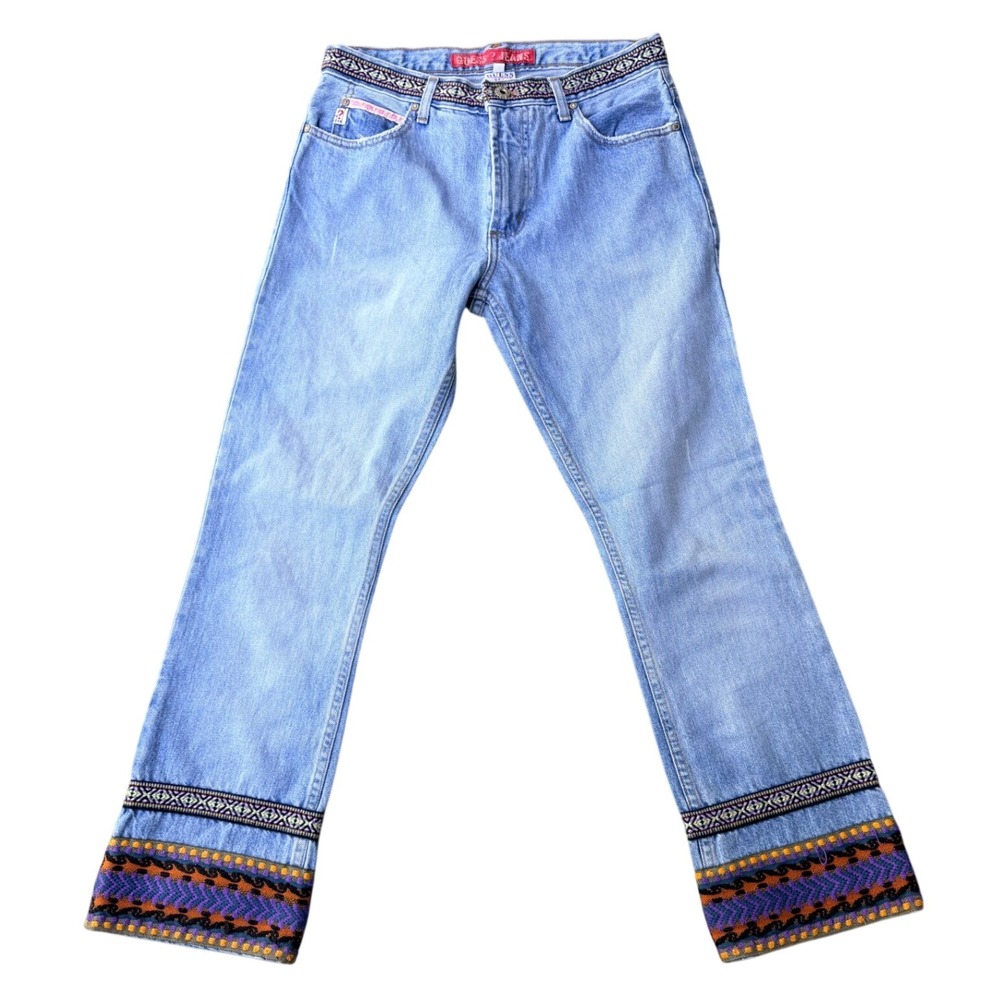 Vintage 80s Guess Jeans Light Wash Straight Leg Embroidered Trim 27 Cotton USA